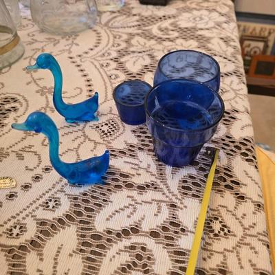 Hand blown blue glass swan pair with blue candle holders