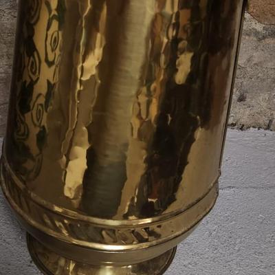 Sale Photo Thumbnail #223: That brass pitcher is tall!! The pottery piece has been repaired.