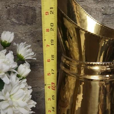 Sale Photo Thumbnail #222: That brass pitcher is tall!! The pottery piece has been repaired.