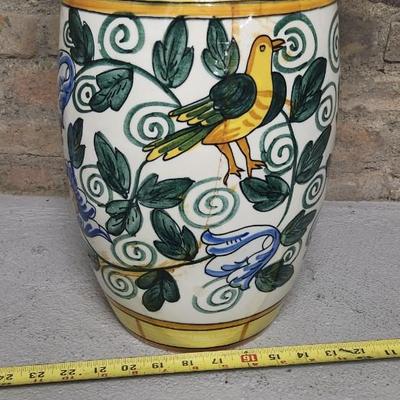 Sale Photo Thumbnail #229: That brass pitcher is tall!! The pottery piece has been repaired.