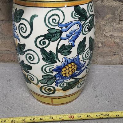 Sale Photo Thumbnail #228: That brass pitcher is tall!! The pottery piece has been repaired.