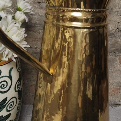 Sale Photo Thumbnail #224: That brass pitcher is tall!! The pottery piece has been repaired.