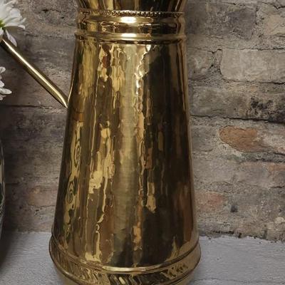 Sale Photo Thumbnail #225: That brass pitcher is tall!! The pottery piece has been repaired.