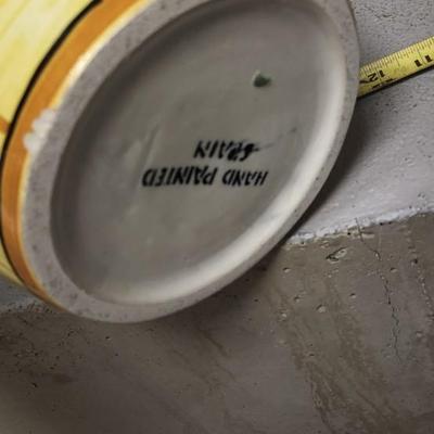 Sale Photo Thumbnail #230: That brass pitcher is tall!! The pottery piece has been repaired.