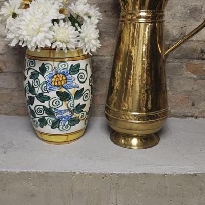 Sale Photo Thumbnail #221: That brass pitcher is tall!! The pottery piece has been repaired.