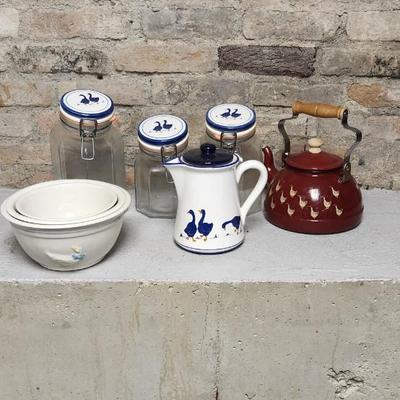Sale Photo Thumbnail #249: Kitchen Geese and Ducks canisters, teapot and nesting bowls