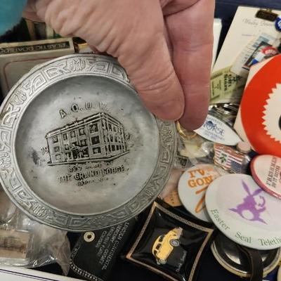 Sale Photo Thumbnail #280: That case might have been a salesman case or bar case, it is filled with cards, buttons, keychains, advertising give aways etc.