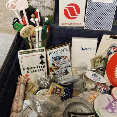 Sale Photo Thumbnail #278: That case might have been a salesman case or bar case, it is filled with cards, buttons, keychains, advertising give aways etc.
