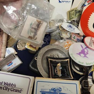 Sale Photo Thumbnail #279: That case might have been a salesman case or bar case, it is filled with cards, buttons, keychains, advertising give aways etc.