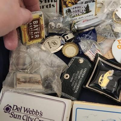 Sale Photo Thumbnail #285: That case might have been a salesman case or bar case, it is filled with cards, buttons, keychains, advertising give aways etc.