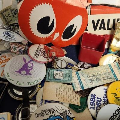 Sale Photo Thumbnail #281: That case might have been a salesman case or bar case, it is filled with cards, buttons, keychains, advertising give aways etc.