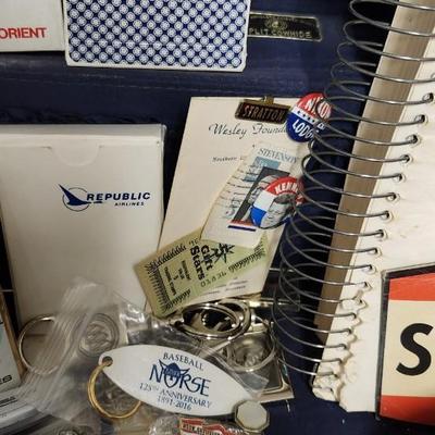 Sale Photo Thumbnail #282: That case might have been a salesman case or bar case, it is filled with cards, buttons, keychains, advertising give aways etc.