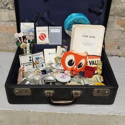 Sale Photo Thumbnail #277: That case might have been a salesman case or bar case, it is filled with cards, buttons, keychains, advertising give aways etc.