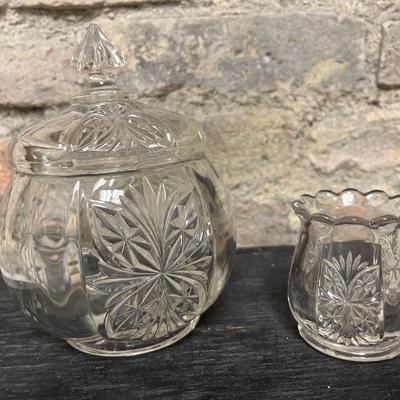 Sale Photo Thumbnail #483: Pedaled Medallion Riverside Glass Works Toothpick, Covered Candy Dish and Covered Butter Dish
