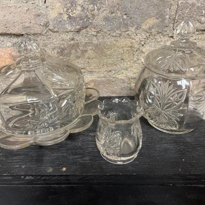 Sale Photo Thumbnail #481: Pedaled Medallion Riverside Glass Works Toothpick, Covered Candy Dish and Covered Butter Dish
