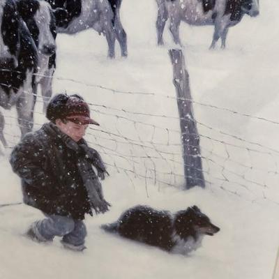 Sale Photo Thumbnail #606: Winter farm/cows print in oak frame