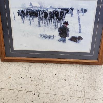 Sale Photo Thumbnail #603: Winter farm/cows print in oak frame