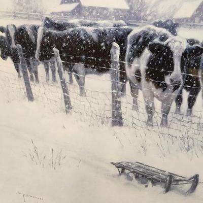 Sale Photo Thumbnail #607: Winter farm/cows print in oak frame