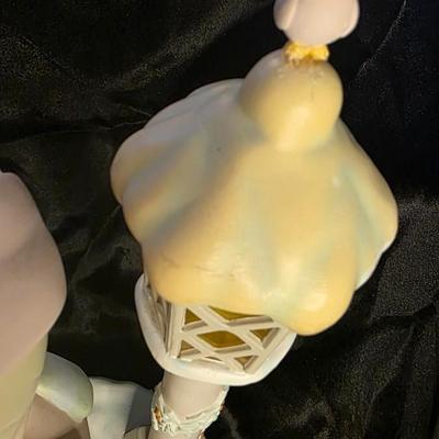 Vintage Enesco Nighttime Prayer Figurine Lamp / Musical Lighted Sculpture with Bird Lantern Accent