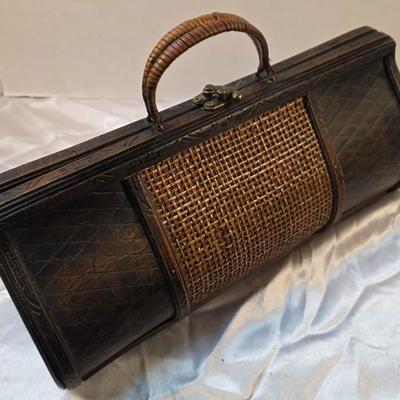 Vintage Woven Cane & Carved Wood Handled Storage Case Decorative Box