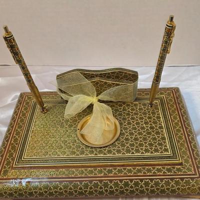 Vintage Persian Khatamkari Inlaid Wood Desk Set with Dual Pens