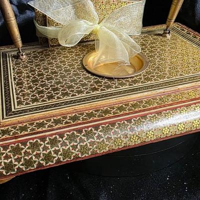 Vintage Persian Khatamkari Inlaid Wood Desk Set with Dual Pens