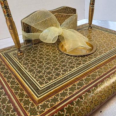 Vintage Persian Khatamkari Inlaid Wood Desk Set with Dual Pens