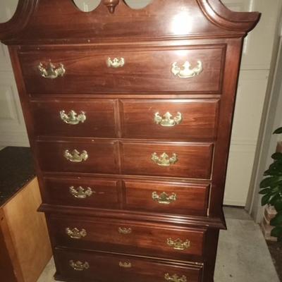 Sale Photo Thumbnail #3: Beautiful tall brown wood dresser with brass knobs
Damage On BOTTOM
