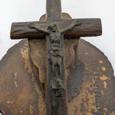 Vintage Religious Devotional Wall Decor Saint Francis With Birds Framed Print Wood Crucifix