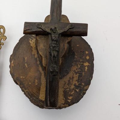 Vintage Religious Devotional Wall Decor Saint Francis With Birds Framed Print Wood Crucifix