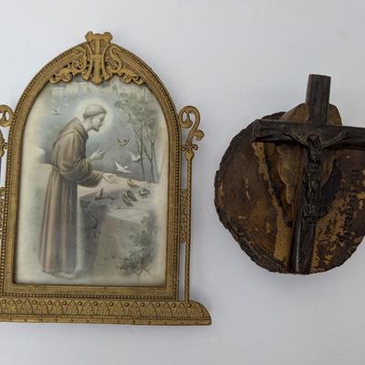 Vintage Religious Devotional Wall Decor Saint Francis With Birds Framed Print Wood Crucifix