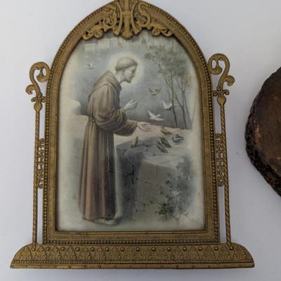 Vintage Religious Devotional Wall Decor Saint Francis With Birds Framed Print Wood Crucifix
