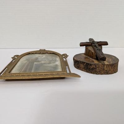 Vintage Religious Devotional Wall Decor Saint Francis With Birds Framed Print Wood Crucifix