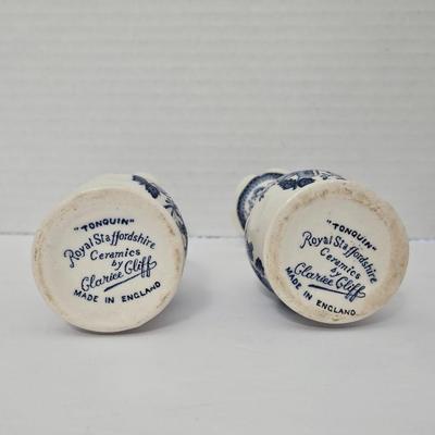 Pair of VTG Clarice Cliff Royal Staffordshire "Tonquin" Blue & White Bud Vases