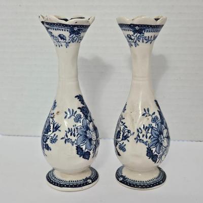 Pair of VTG Clarice Cliff Royal Staffordshire "Tonquin" Blue & White Bud Vases