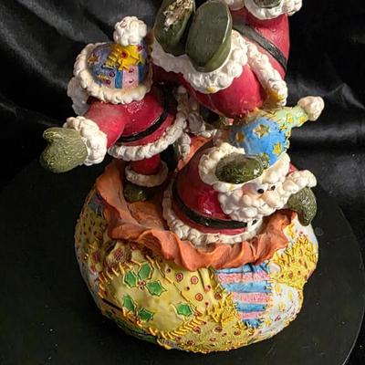 Whimsical Santas Holiday Figurine • Vibrant Patchwork Sack Design • Festive Hand-Painted Christmas Decor