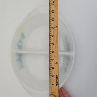 Vintage Glasbake J-2352 Divided Serving Dish Milk Glass "Fruit Medley" Teal Made in USA