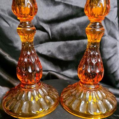 Vintage Amber Glass Candlestick Duo – Warm Honey Glow, Tulip Rim Elegance