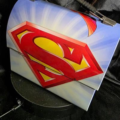 Vintage 2000s Vandor Collectible Tins Superman DC Comics Metal Lunch Box | Flying Man of Steel Over Metropolis | Hinged Lid w/ Handle |...
