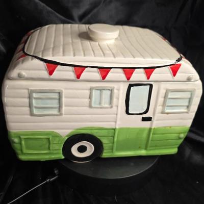 Vintage World Market Ceramic Camper Cookie Jar Canister | White & Green RV Design w/ Red Awning Flags | Hand-Painted Retro Trailer...