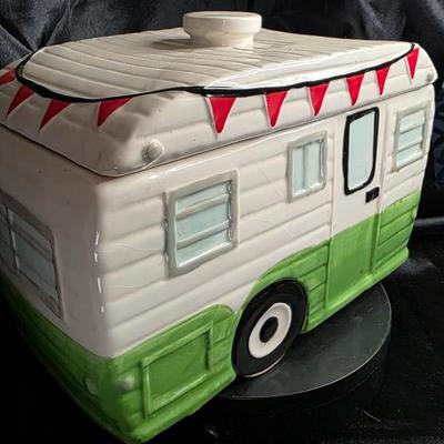 Vintage World Market Ceramic Camper Cookie Jar Canister | White & Green RV Design w/ Red Awning Flags | Hand-Painted Retro Trailer...
