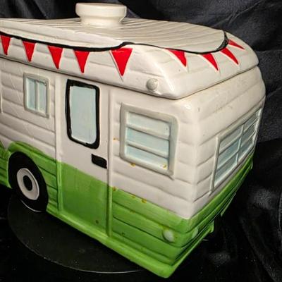 Vintage World Market Ceramic Camper Cookie Jar Canister | White & Green RV Design w/ Red Awning Flags | Hand-Painted Retro Trailer...