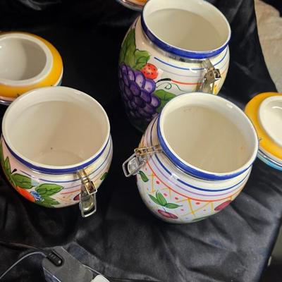 Vintage Capriware Michael's Orchard Hand-Painted Ceramic Canister Set of 3 | Fruit Motif Grapes Berries Peaches | Blue White Lidded...