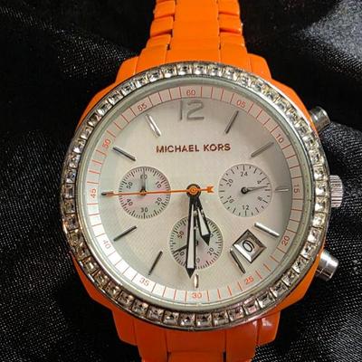 Michael Kors Runway MK-5119 Ladies Chronograph Watch - Orange Resin Strap with Crystal Bezel