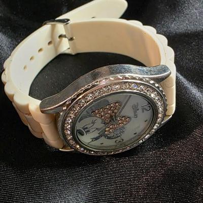 Disney Minnie Mouse Ladies Quartz Watch - Rhinestone Bezel with White Rubber Strap