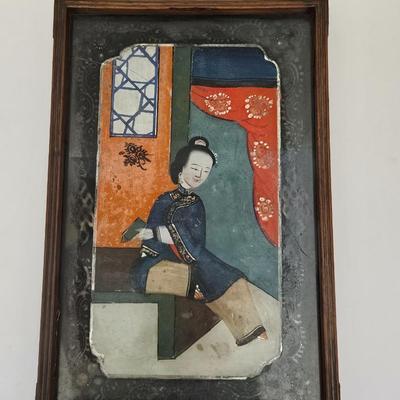 Antique Chinese Export Reverse Glass Painting Seated Lady Hardwood Frame