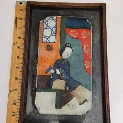 Antique Chinese Export Reverse Glass Painting Seated Lady Hardwood Frame