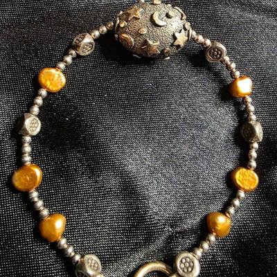 Vintage Silver Color Golden Pearl & Floral Bead Toggle Bracelet - Textured Crescent Moon Accent