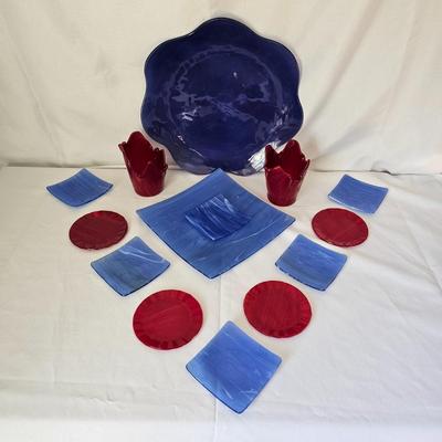 Blue & Red Streaky Glass Plates & More (O-JS)