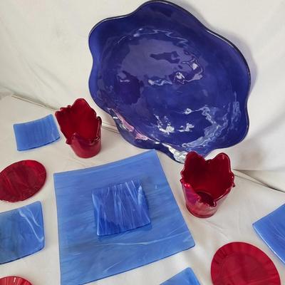 Blue & Red Streaky Glass Plates & More (O-JS)